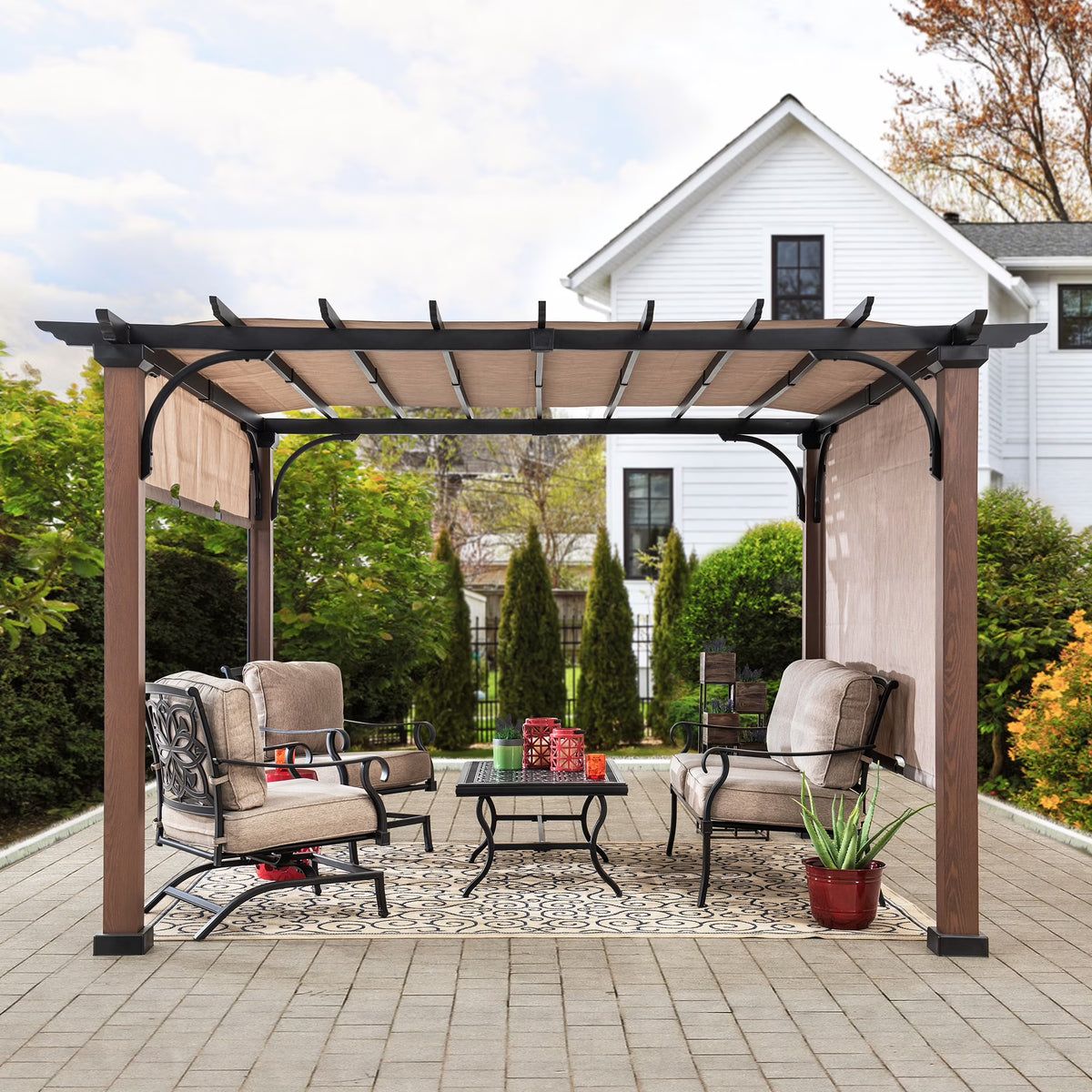 11 x 11 ft. Metal Pergola with Tan Adjustable Canopy X7909