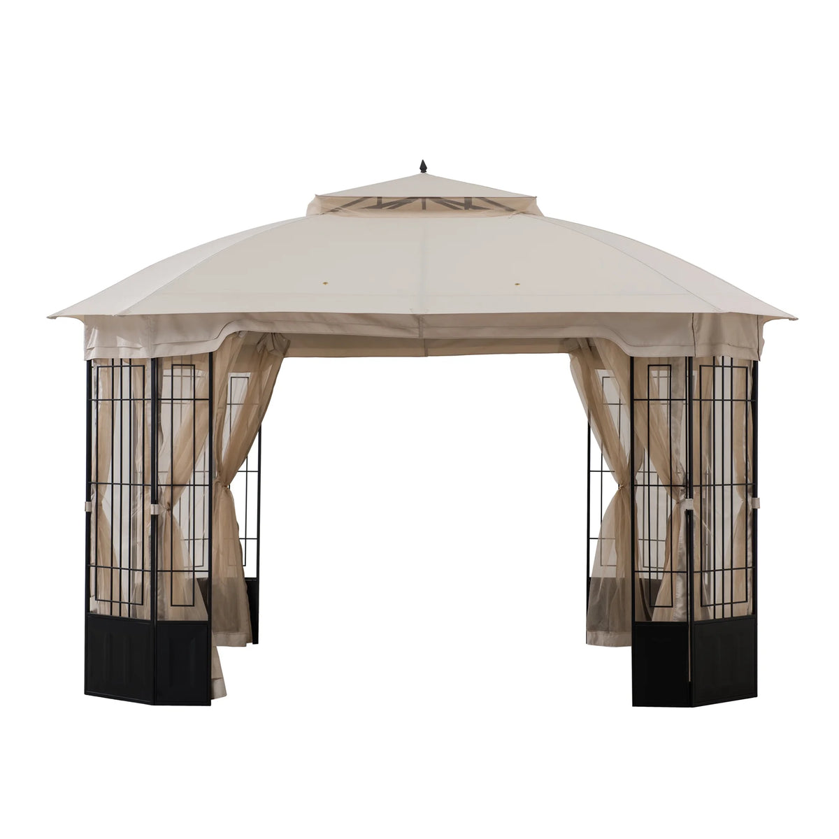 Black Steel Frame 2-Tier Soft Top Octagon Gazebo with Beige Canopy and Mosquito Netting L183829