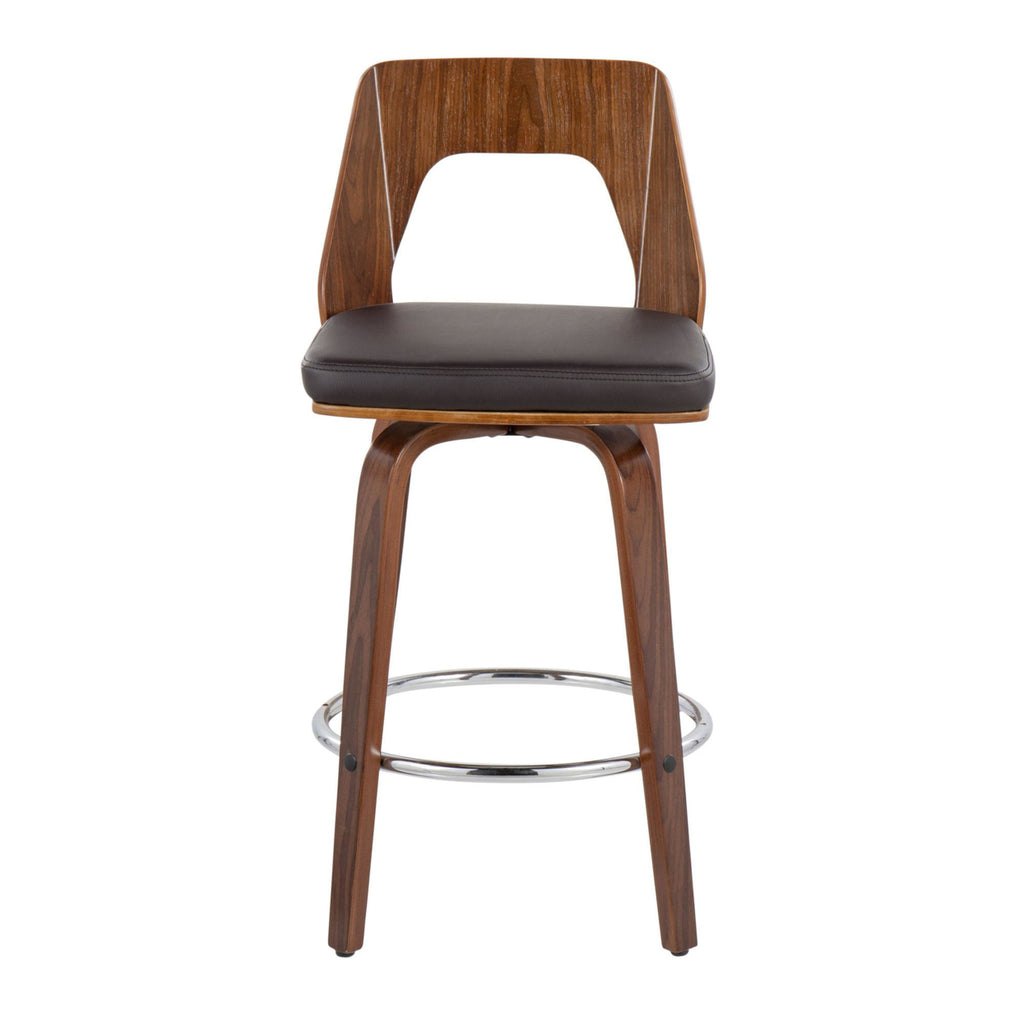 Mid-Century Modern Counter Stool In Walnut And Brown Faux Leather - Set Of 2 H98815