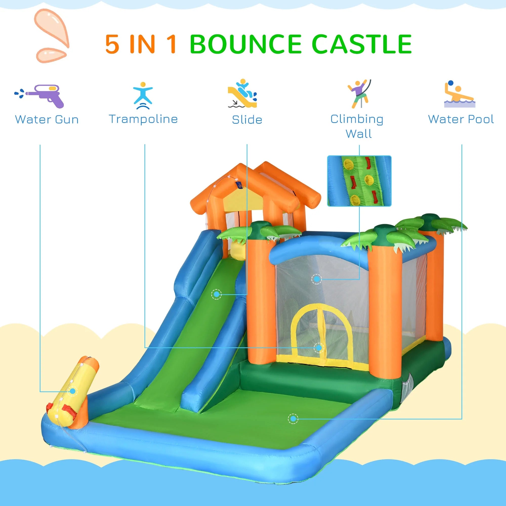 Inflatable Water Park with Blower, 6-in-1 Water Slide Jumping Castle F205990