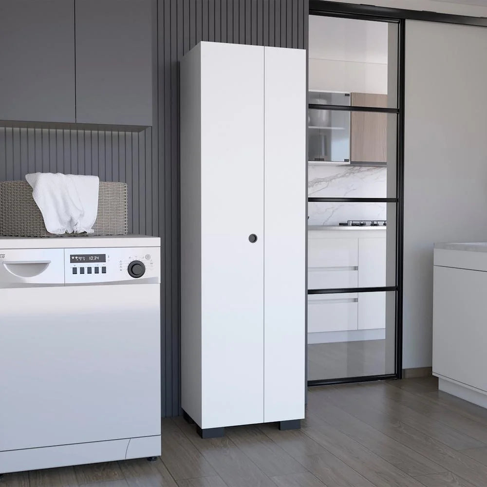 White Double-Door Broom Cabinet with Inner Shelves and Side Hangers H258