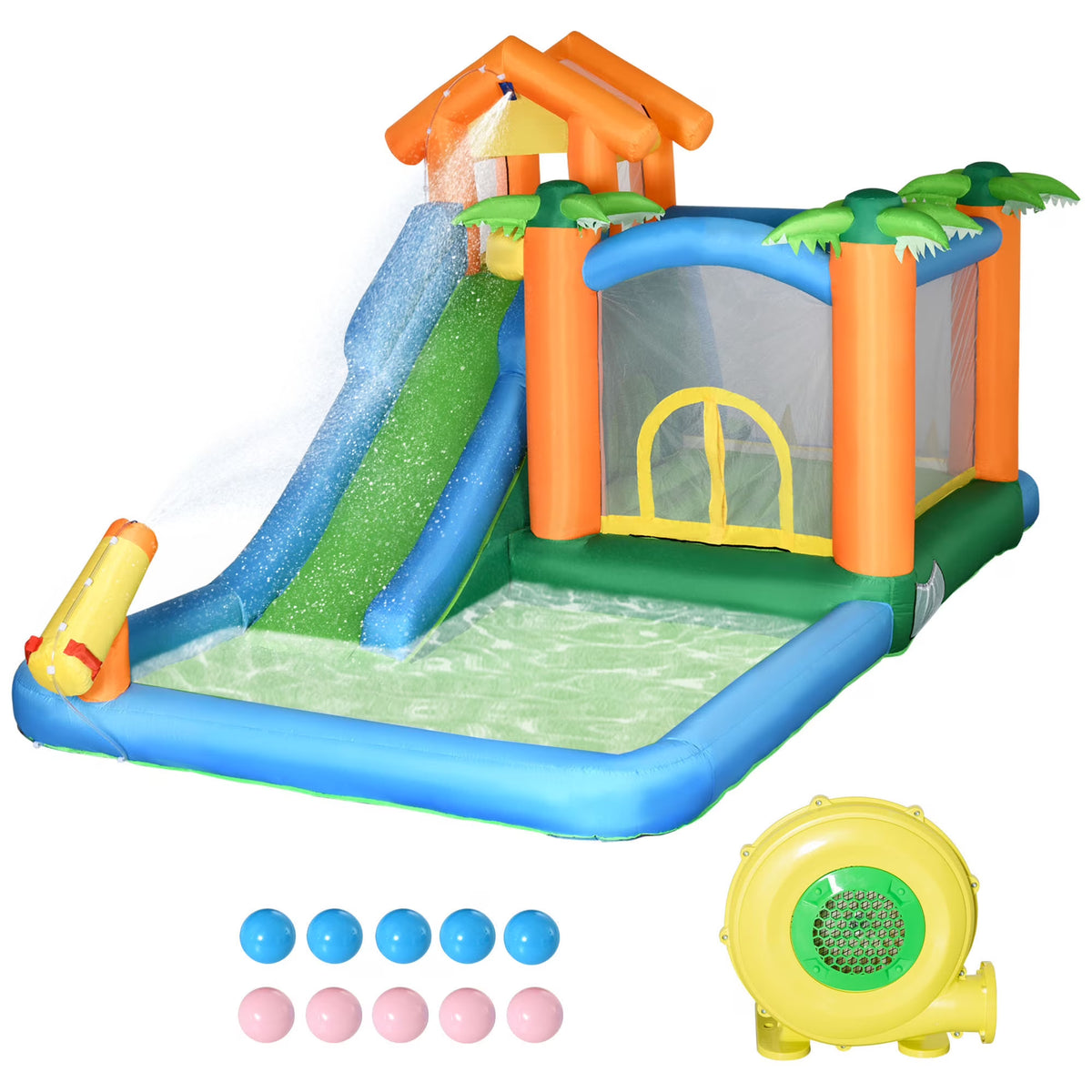 Inflatable Water Park with Blower, 6-in-1 Water Slide Jumping Castle F205990