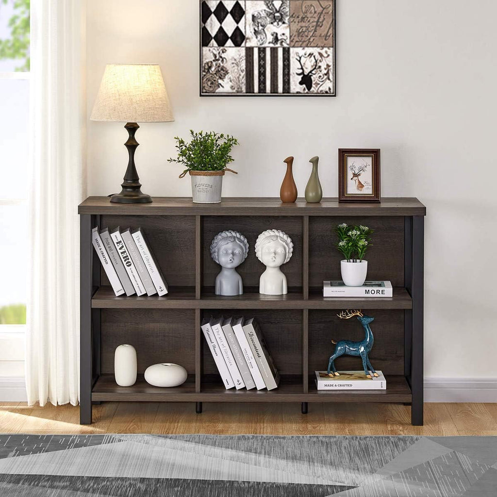 Rustic 6 Cube Storage Organizer with Shelf, Wood and Metal Cubby Bookcase, Industrial Horizontal Bookshelf G65290