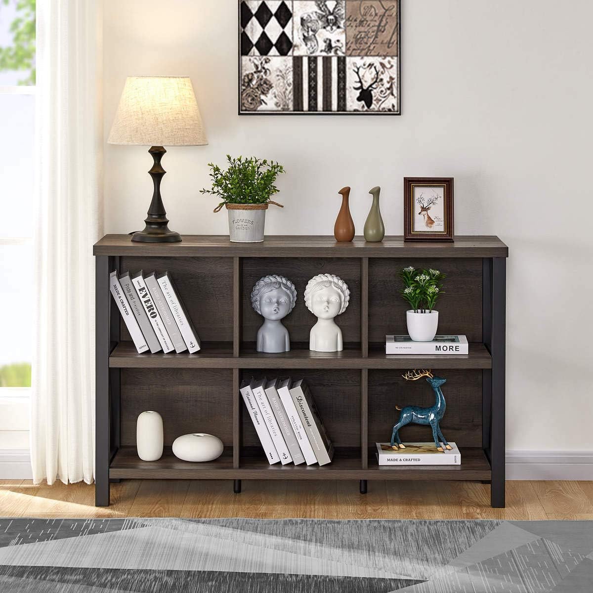 Rustic 6 Cube Storage Organizer with Shelf, Wood and Metal Cubby Bookcase, Industrial Horizontal Bookshelf G65290