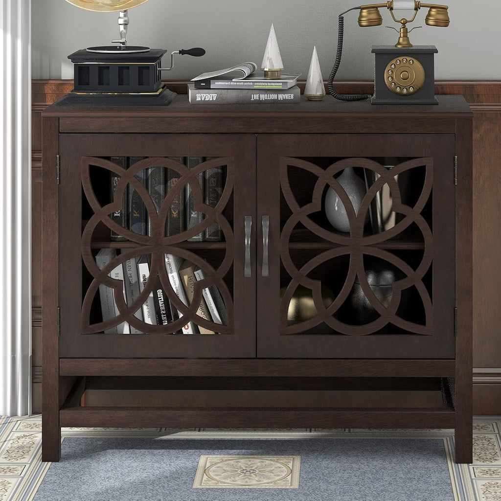 Wood Accent Buffet Sideboard Serving Storage Cabinet with Four Drawers and Two Large Cabinets, Modern Console Table Sofa Table X4595