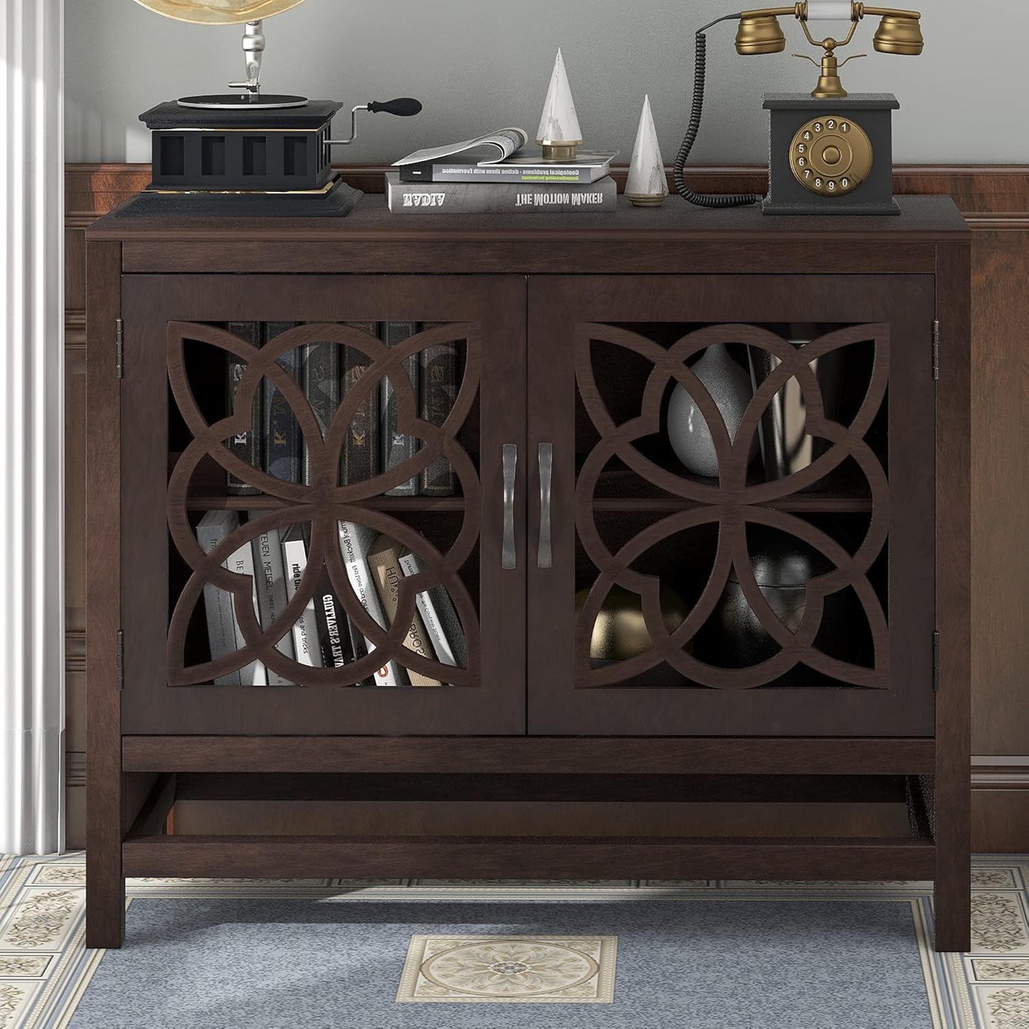 Wood Accent Buffet Sideboard Serving Storage Cabinet with Four Drawers and Two Large Cabinets, Modern Console Table Sofa Table X4595