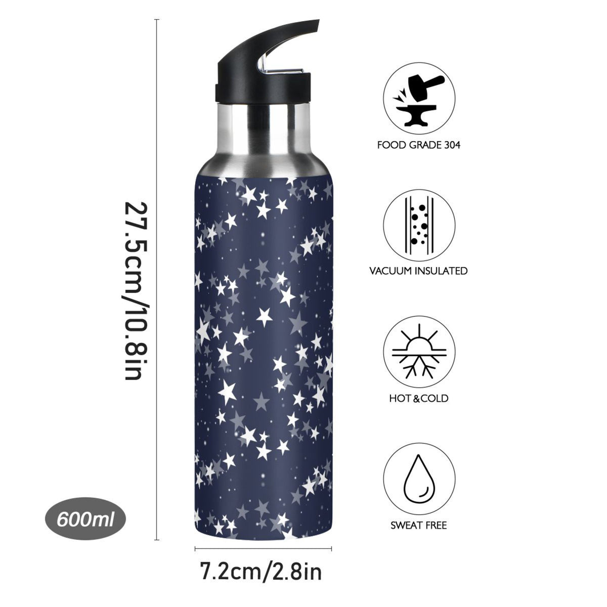 Navy Stainless Steel Insulated Water Bottle with Straw Lid R3302