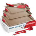 6pc Nonstick Baking Pan Sheet Set with Red Silicone Handles S929