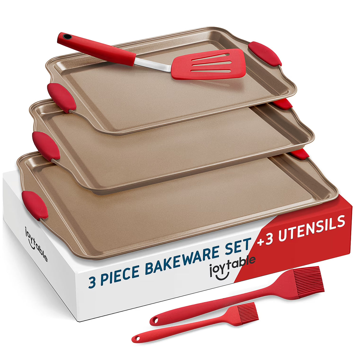 6pc Nonstick Baking Pan Sheet Set with Red Silicone Handles S929