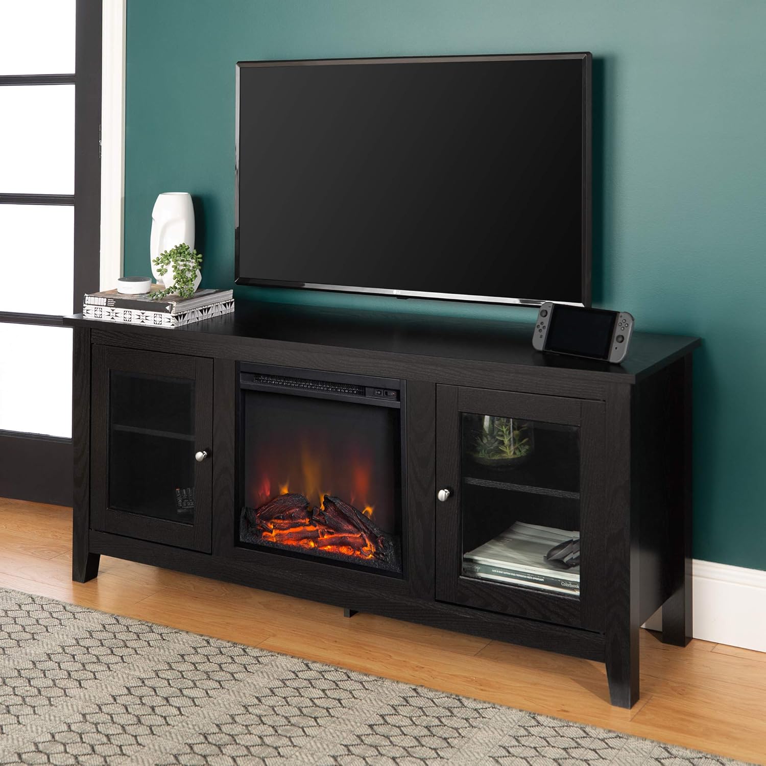 Rustic Wood and Glass Fireplace TV Stand, 58 Inch, Traditional Brown Y2622