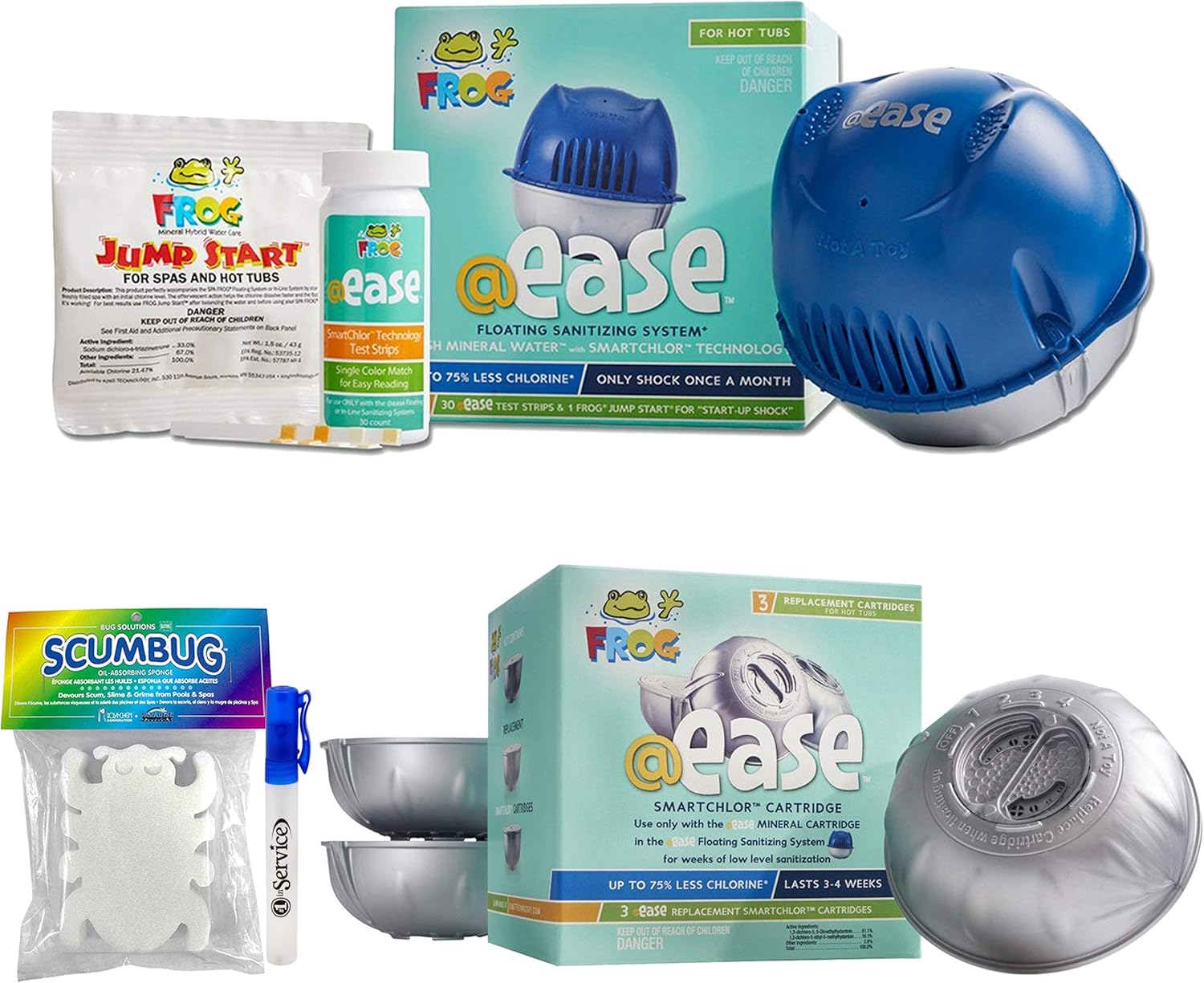 Frog @Ease Floating System, 3 Refill SmartChlor Replacement Cartridges, Jump Start Shock, 30 Test Strips, Hand Sanitizer and Scumbug W6371