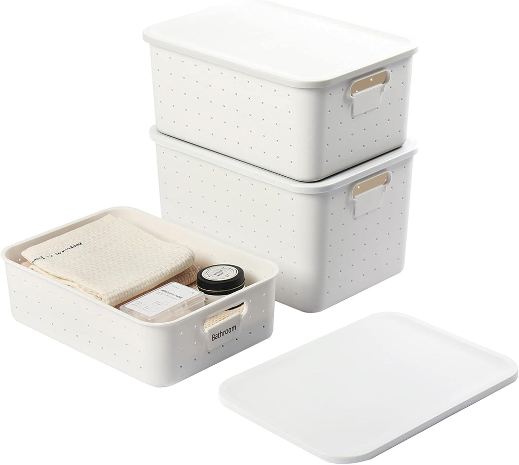 Set of 3 Plastic Storage Bins with Lid, White Stackable Organizer Lidded Basket with Writable Label X920939