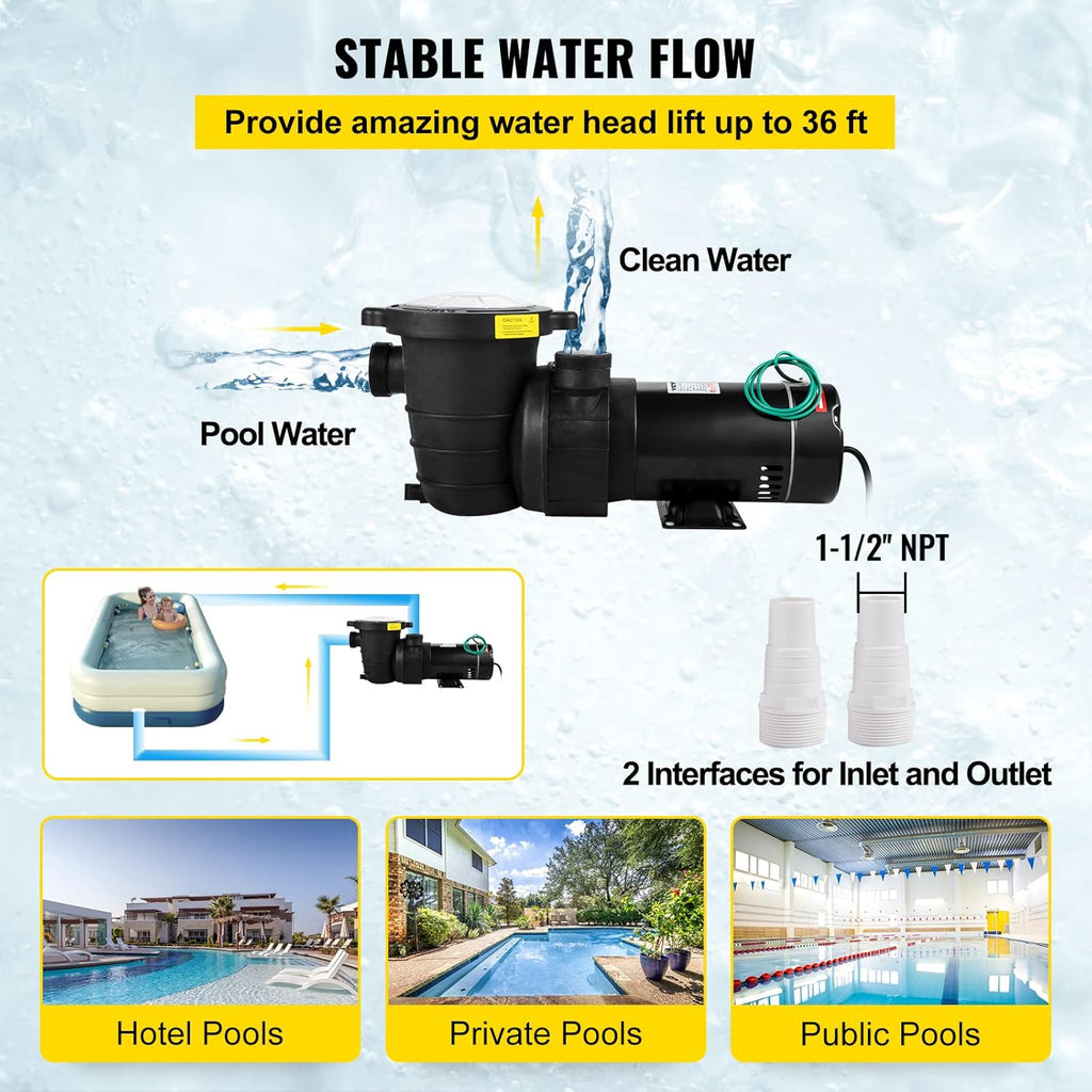 1HP 110V 5220GPH Self-priming Swimming Pool Pump with Strainer Basket and 2pcs 1-1/2'' NPT Connectors K7717