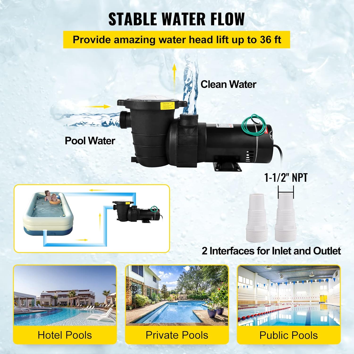 1HP 110V 5220GPH Self-priming Swimming Pool Pump with Strainer Basket and 2pcs 1-1/2'' NPT Connectors K7717