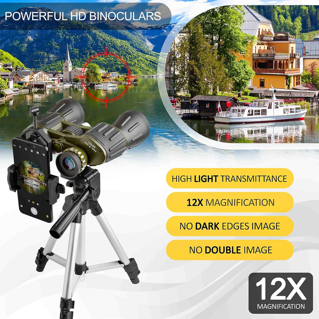 12X50 Full Size Binoculars with Tripod & Smartphone Adapter Carrying Bag J310332