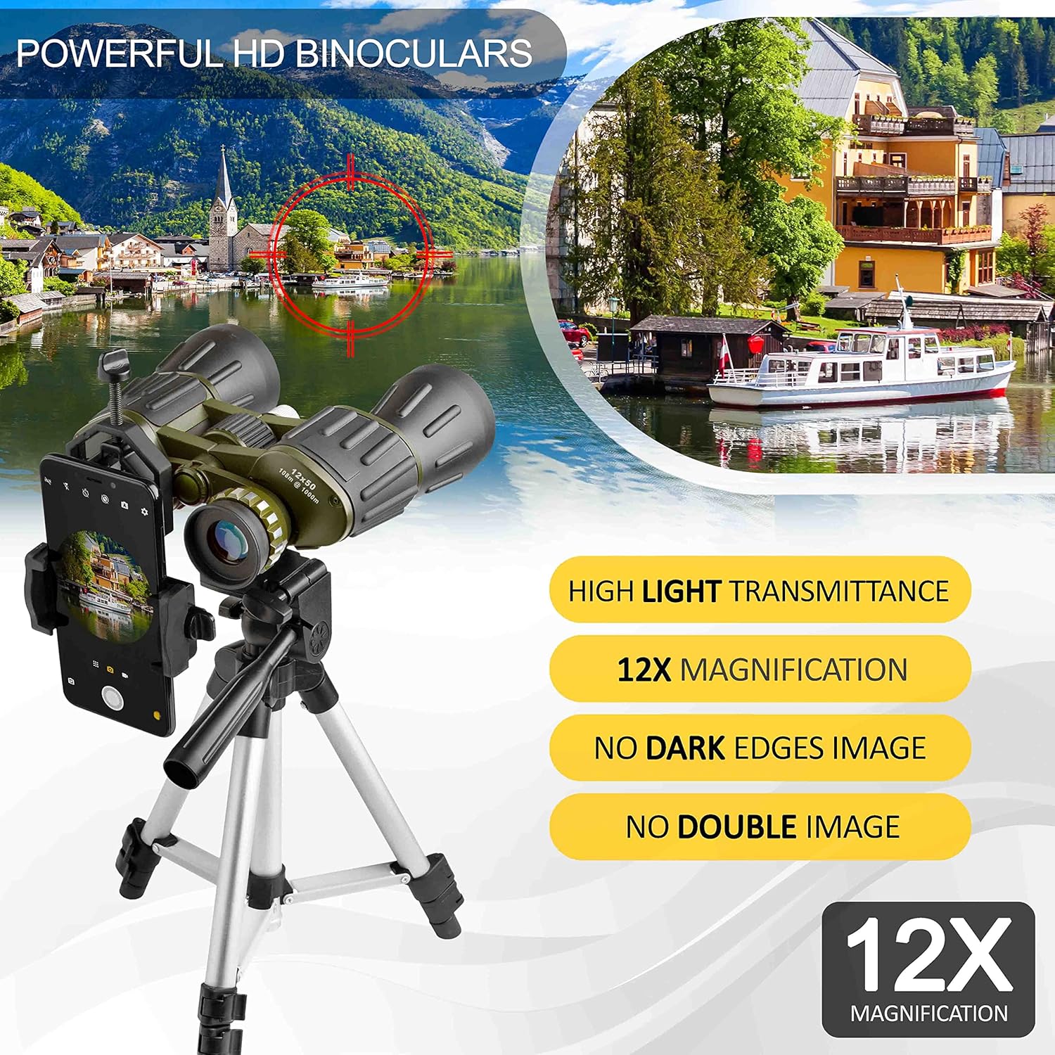 12X50 Full Size Binoculars with Tripod & Smartphone Adapter Carrying Bag J310332