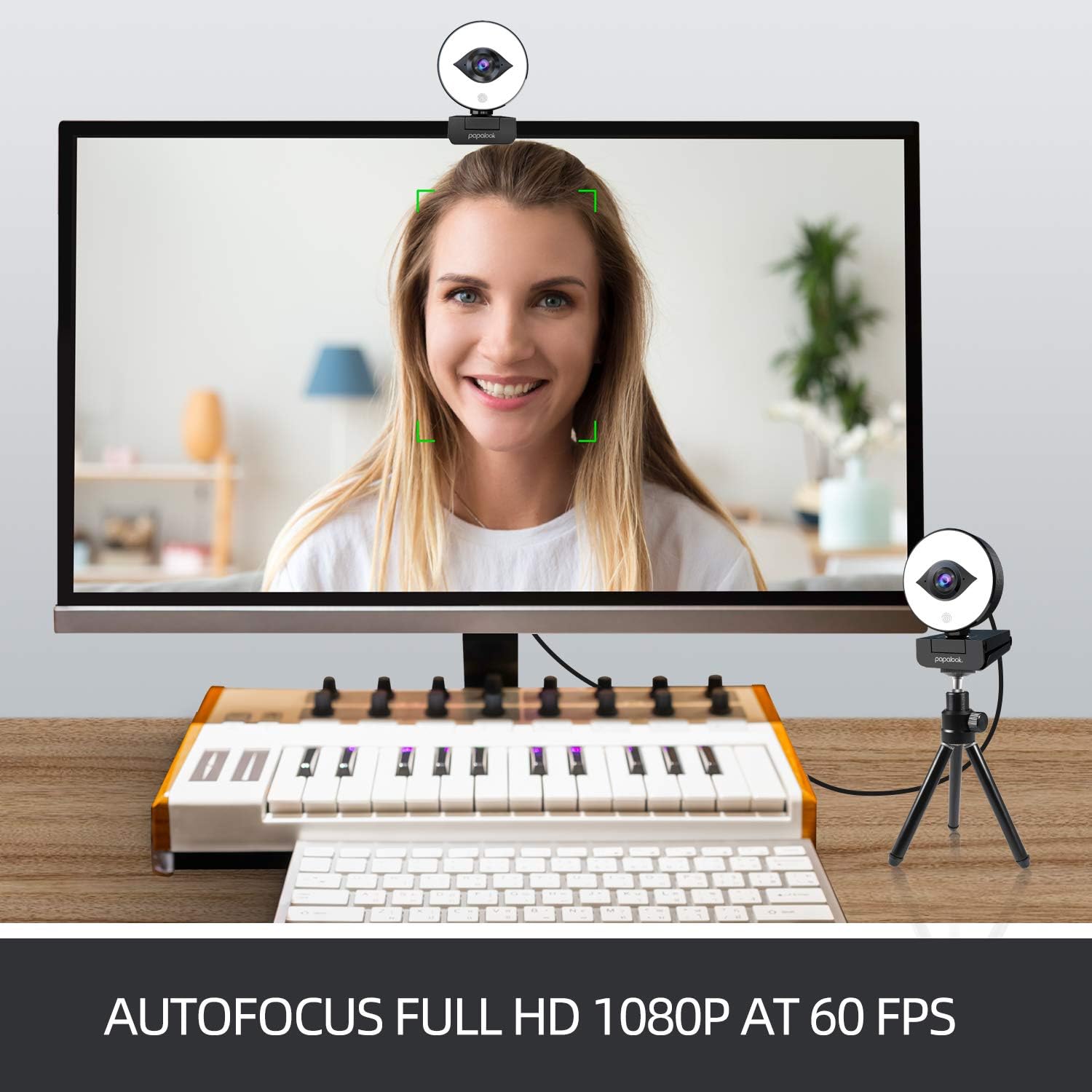 1080P Webcam with Ring Light and Tripod, Stereo Microphone W7791