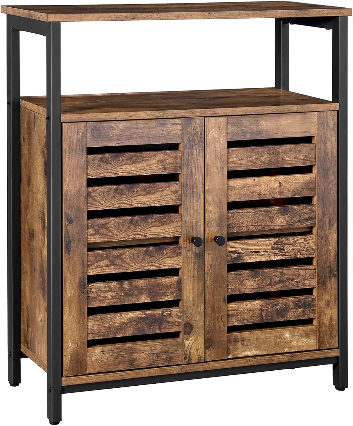 Rustic Brown and Black Storage Cabinet with 3 Open Shelves and Closed Compartments N726
