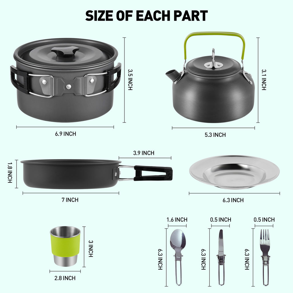 19pcs Non-Stick Camping Cookware Mess Kit with Stainless Steel Cups Plates Forks Knives Spoons E5246